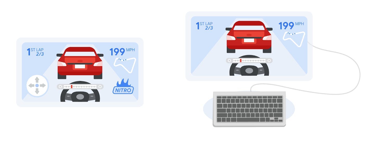 Car racing game UIs - one with on-screen controls and one with keyboard